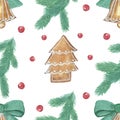 Watercolor hand painted nature winter holiday seamless pattern with green fir branches, red holly berries and christmas tree Royalty Free Stock Photo