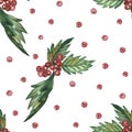 Watercolor hand painted nature winter holiday seamless pattern with red holly berries and green leaves on branch Royalty Free Stock Photo