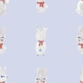 Watercolor hand painted nature winter holiday seamless pattern with white bunnies in red scarf isolated on the light blue backgrou