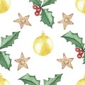 Watercolor hand painted nature winter holiday seamless pattern with yellow christmas tree ball toys, gingerbread star cookies and Royalty Free Stock Photo