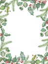 Watercolor hand painted nature winter holiday squared border frame with green eucalyptus leaves, fir branches and red holly berrie