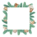 Watercolor hand painted nature winter holiday squared border frame with green fir branches and gingerbread cookies with glaze comp Royalty Free Stock Photo