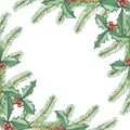 Watercolor hand painted nature winter holiday squared border frame with green fir branches, red holly berry and leaves bouquet Royalty Free Stock Photo