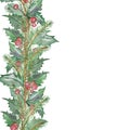 Watercolor hand painted nature winter holiday vertical banner frame with green fir branches, red holly berries and leaves bouquet Royalty Free Stock Photo