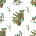 Watercolor hand painted nature winter plants seamless pattern with green fir branches, brown cones, red holly berries and leaves i