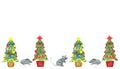 Watercolor hand painted new year composition banner with four green christmas trees and gray mouses Royalty Free Stock Photo