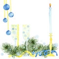 Watercolor hand painted new year composition with green christmas tree fir branches, gold candlestick with candle, champagne glass Royalty Free Stock Photo