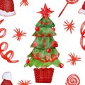 Watercolor hand painted new year pattern with green christmas tree with red star