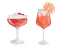 Watercolor hand painted orange, red cocktail in glass with slice fruit, cubical ice, raspberry, whipped cream. Isolated clip art Royalty Free Stock Photo