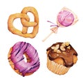 Watercolor hand painted pastries collection. Pastry sweets collection: doughnuts, candies, croissants, muffins and macaroons Royalty Free Stock Photo