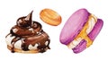 Watercolor hand painted pastries collection. Pastry sweets collection: doughnuts, candies, croissants, muffins and macaroons