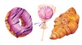 Watercolor hand painted pastries collection. Pastry sweets collection: doughnuts, candies, croissants, muffins and macaroons