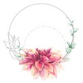 Watercolor hand painted pink dahlia, turquoise eucalyptus and line art wreath. Floral arrangement on white background