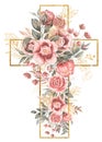 Watercolor hand painted Pink Florals Cross Clipart, Easter Religious flowers illustration, Baptism Cross clip art, Holy Spirit