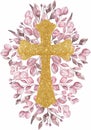 Watercolor hand painted Pink Florals and gold Cross Clipart, Easter Religious greenery illustration,  Baptism Cross clip art, Royalty Free Stock Photo