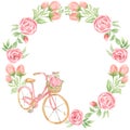 Watercolor hand painted pink garden flowers and bicycle frame, Kids birthday floral card wreath  illustration, summer flowers Royalty Free Stock Photo