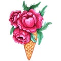 Watercolor hand painted pink peony flowers in ice cream Royalty Free Stock Photo