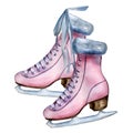 Watercolor hand painted pink vintage ice skates with fur trim. Isolated element on white background
