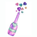 Watercolor hand painted pink and violet champagne bottle with hearts and bobbles. Cheerful and romantic illustration for St.