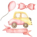 Watercolor hand painted pink and yellow car illustarion, balloon, banner, tie. Baby girl cliparts. Cute kids transport for baby