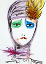 Hand drawn illustration of sad clown woman