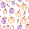 Watercolor hand painted pumkin autumn background. Nature thanksgiving textile print.