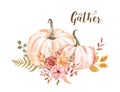 Watercolor hand-painted pumpkins, flowers, leaves. Autumn arrangement. Thanksgiving decor