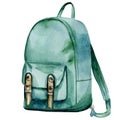 Watercolor hand painted realistic turquoise backpack