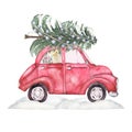 Watercolor hand painted red Christmas car with a Christmas tree in the roof rack. Snow, gifts cliparts