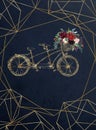 Watercolor hand painted romantic illustration on navy background - gold vintage wedding tandem bicycle with basket of flowers. Royalty Free Stock Photo