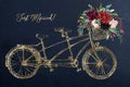 Watercolor hand painted romantic illustration on navy background - gold vintage wedding tandem bicycle with basket of flowers.