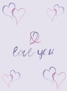 Watercolor hand painted romantic postcard with purple and pink hearts lineart and I love you text composition on the lilac backgro