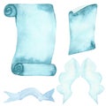 Watercolor hand painted romantic set with blue scroll sheet, light blue angel wings and tape isolated