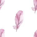 Watercolor hand painted romantic sketch seamless pattern with pink soft feathers collection