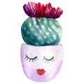 Watercolor hand painted round blooming cactus in violet flower pot decorated with funny sleepy face. Isolated element on white Royalty Free Stock Photo