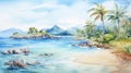 Watercolor Hand Painted Sea Landscapes: Beach Paradise Lagoon AI Generated