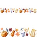 Watercolor hand painted seamless border with gardening tools: watering can, basin, bucket, shovel, pumpkins and autumn leaves