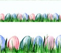 Watercolor hand painted seamless border with illustratuon of colorful eggs on green grass. Bright Easter clipart Royalty Free Stock Photo