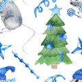 Watercolor hand painted seamless Christmas pattern with green Christmas tree, gray mice Royalty Free Stock Photo