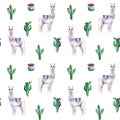 Watercolor hand painted seamless pattern with alpaca and cactuses on white background. Royalty Free Stock Photo