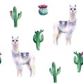 Watercolor hand painted seamless pattern with alpaca and cactuses on white background. Royalty Free Stock Photo