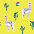 Watercolor hand painted seamless pattern with alpaca and cactuses on yellow background.