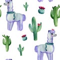 Watercolor hand painted seamless pattern with alpaca and different cactuses on white background. Cute trendy design for children Royalty Free Stock Photo