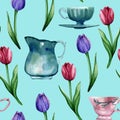 Watercolor hand painted seamless pattern with antique turquoise and pink tableware: milk jug, cups, saucer, tulips on light blue