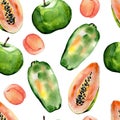 Watercolor hand painted seamless pattern with apples, peaches and papaya on white background. Royalty Free Stock Photo