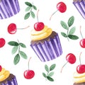 Watercolor hand painted seamless pattern with cherries, leaves and cupcake with cherry berry on top of cream.
