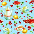 Watercolor hand painted seamless pattern with cherrys, teacup, lemon, sugar bowl and teapot Royalty Free Stock Photo