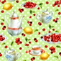 Watercolor hand painted seamless pattern with cherrys, teacup, lemon, sugar bowl and teapot Royalty Free Stock Photo