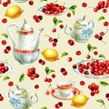 Watercolor hand painted pattern with cherrys, teacup, lemon, sugar-bowl and teapot Royalty Free Stock Photo