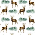 Watercolor hand painted seamless pattern with deer and mountains on white background. Royalty Free Stock Photo